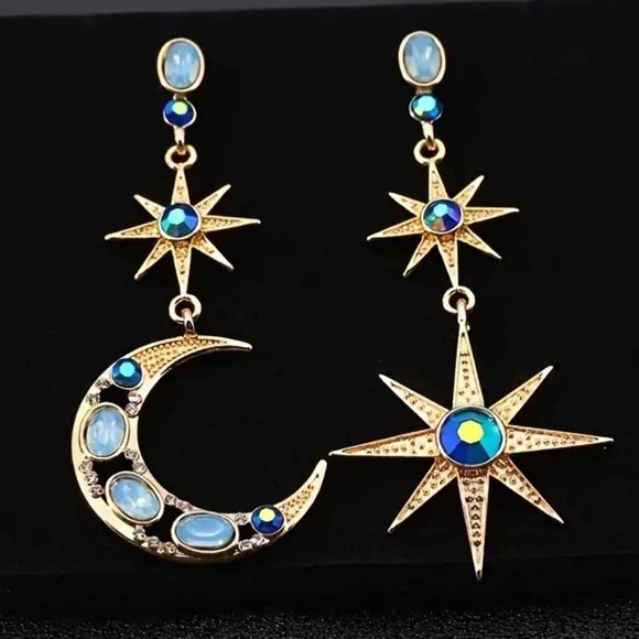 Sun Moon Stars Blue Rhinestone Asymmetrical Drop Earrings - NEW - Picture 1 of 6